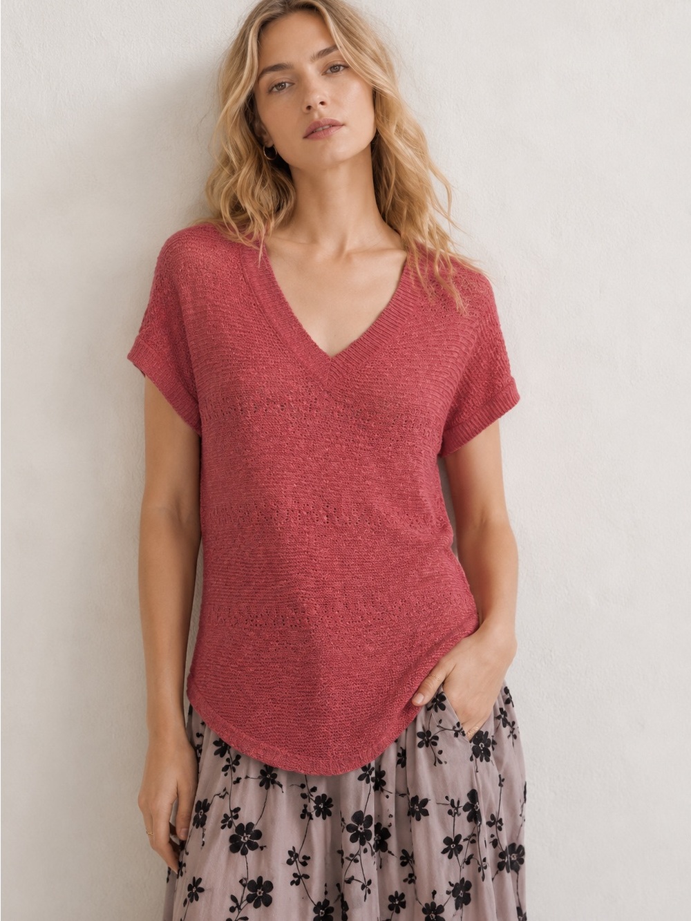J.Jill Red Rock Short Sleeve Textured V-Neck Knit Sweater Size Small